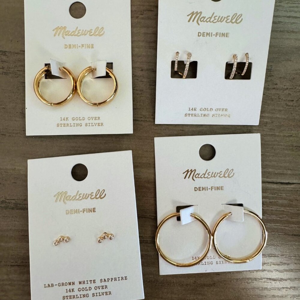 Madewell Demi-Fine Earrings Set - Pavé Ear Crawler, Chunky Hoops, Double Hoops &